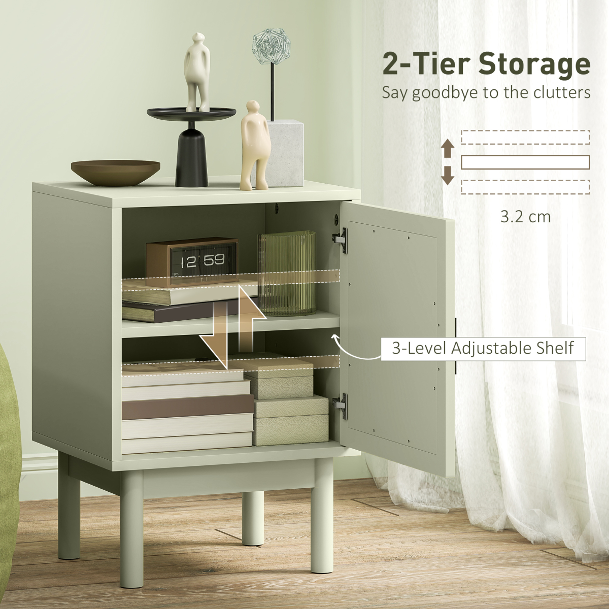HOMCOM Boho Bedside Table with Rattan Door and Adjustable Shelf