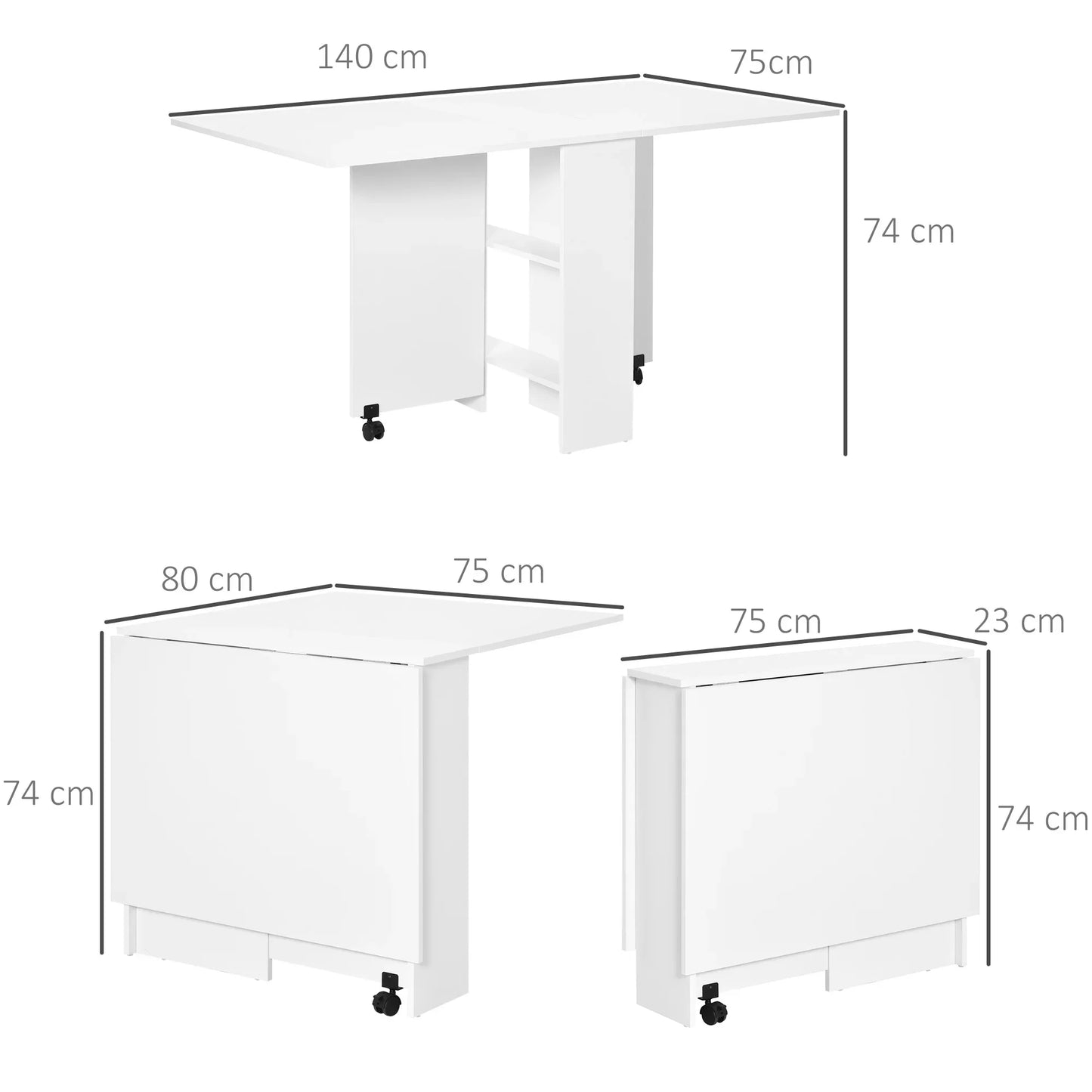 HOMCOM Mobile Drop Leaf Dining Table Folding Desk w/ 2 Wheels White