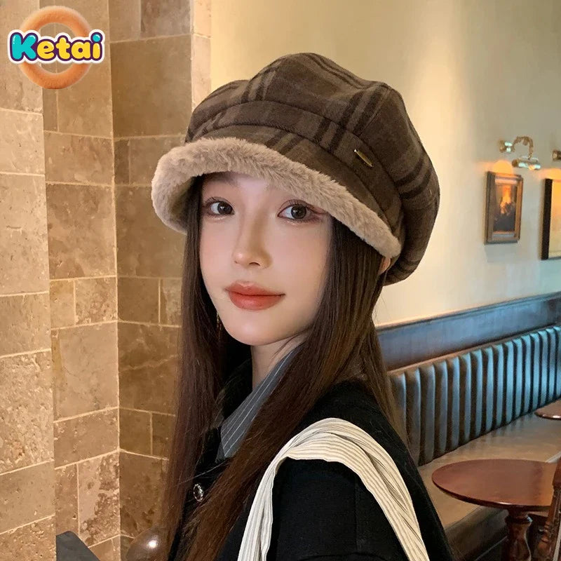 Winter Vintage Plaid Plush Warm Octagonal Women's Hat