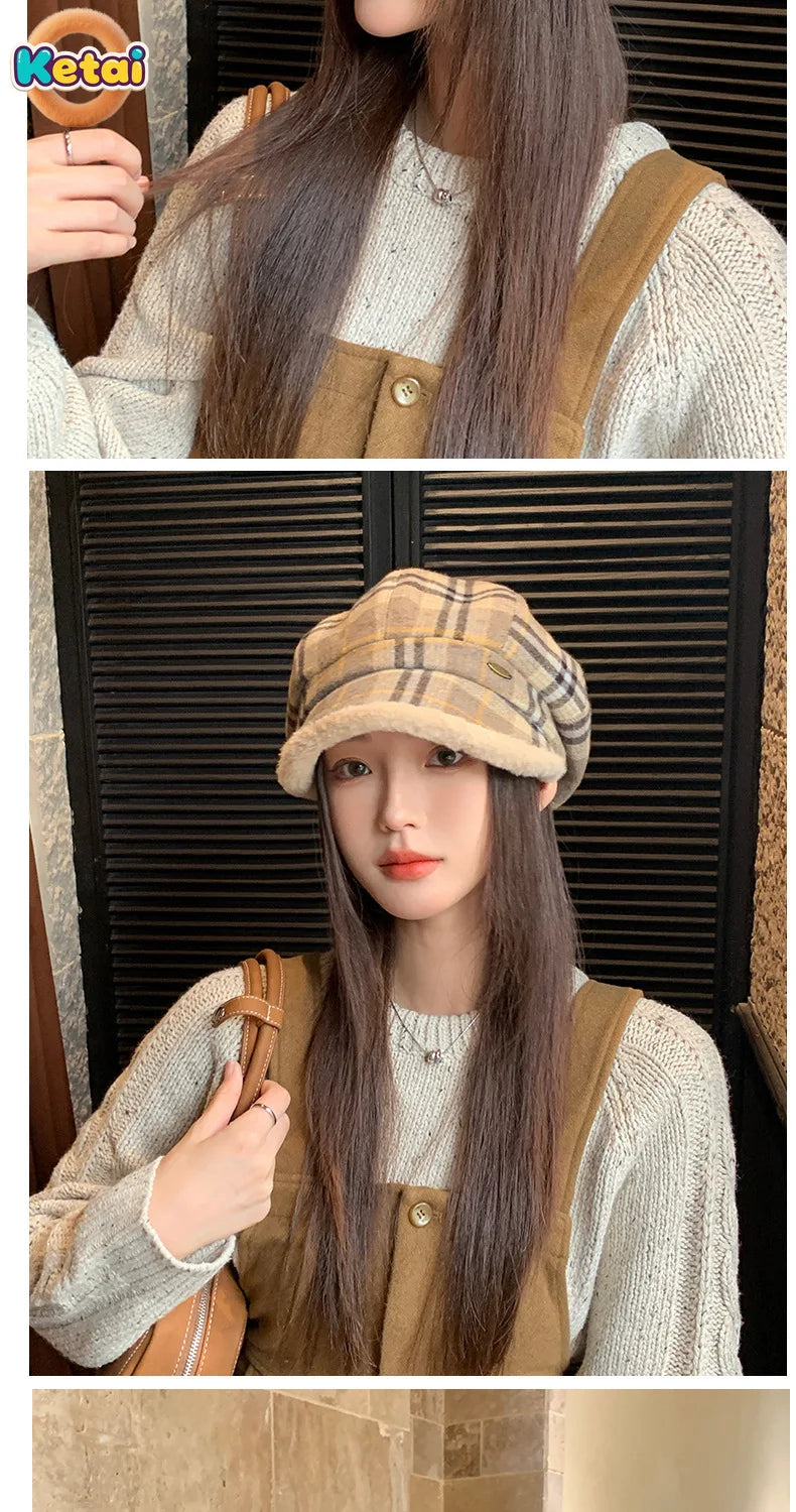 Winter Vintage Plaid Plush Warm Octagonal Women's Hat