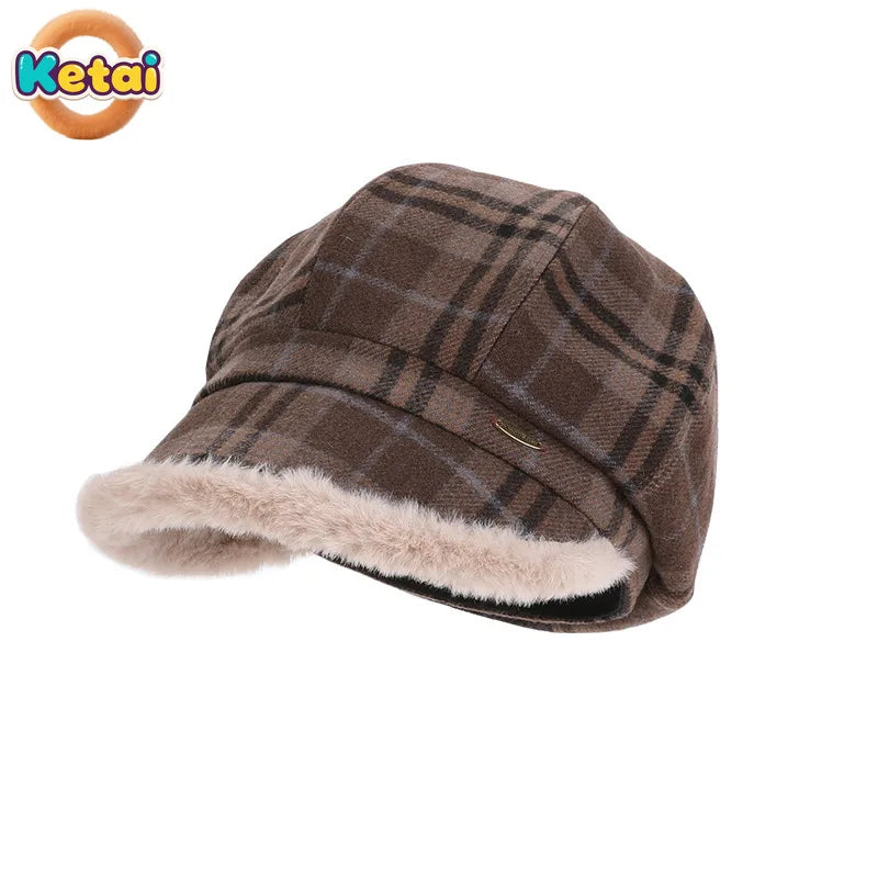 Winter Vintage Plaid Plush Warm Octagonal Women's Hat