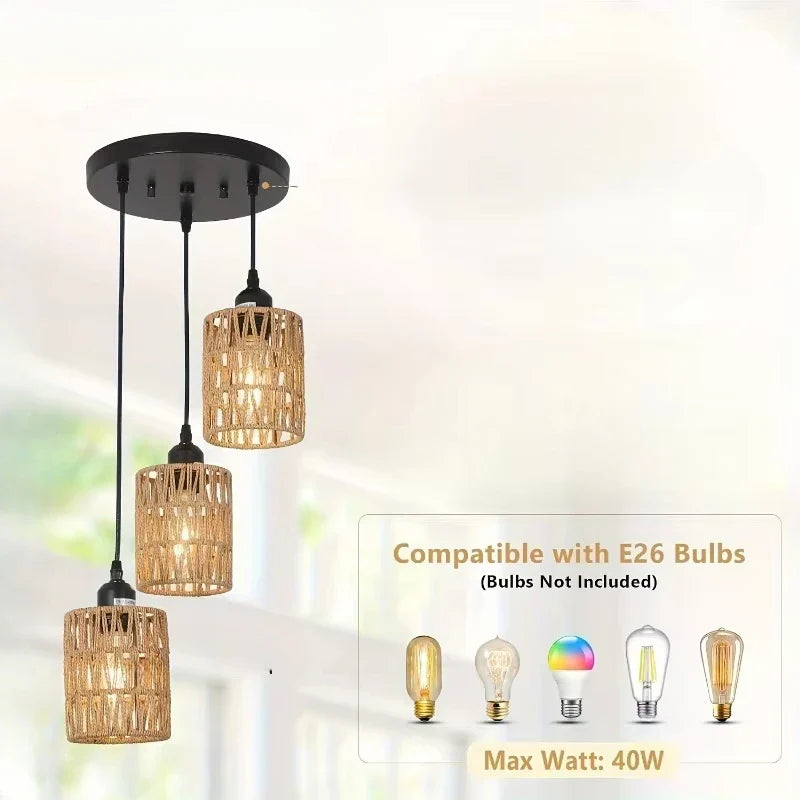 Boho Woven Rattan Ceiling Light – Hemp Shade Rustic Flush Mount Lamp
