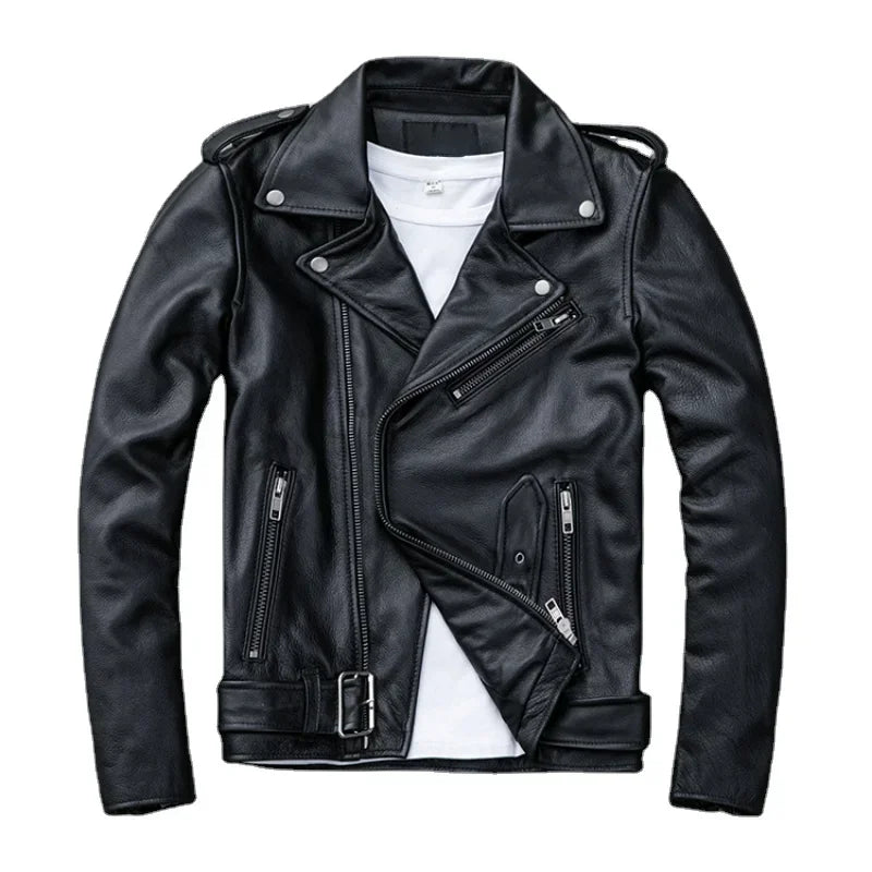 Classical Motorcycle Jackets Men Leather Jacket 100% Natural Cowhide Moto Jacket