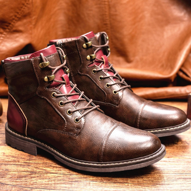 Retro Style Solid Leather Ankle Boots Side Zip Lace Up Round Head