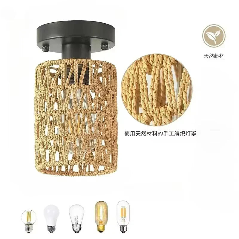 Boho Woven Rattan Ceiling Light – Hemp Shade Rustic Flush Mount Lamp