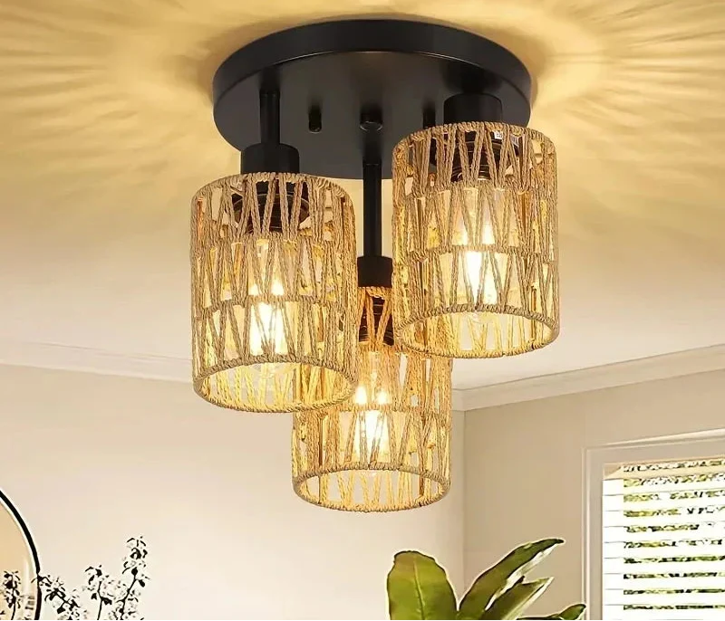 Boho Woven Rattan Ceiling Light – Hemp Shade Rustic Flush Mount Lamp