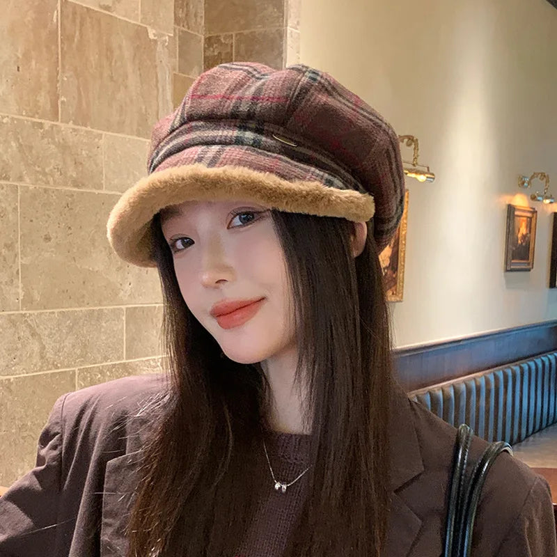Winter Vintage Plaid Plush Warm Octagonal Women's Hat