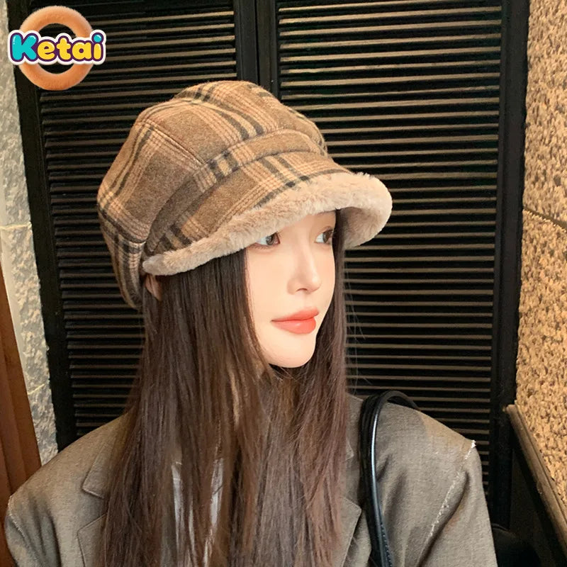 Winter Vintage Plaid Plush Warm Octagonal Women's Hat