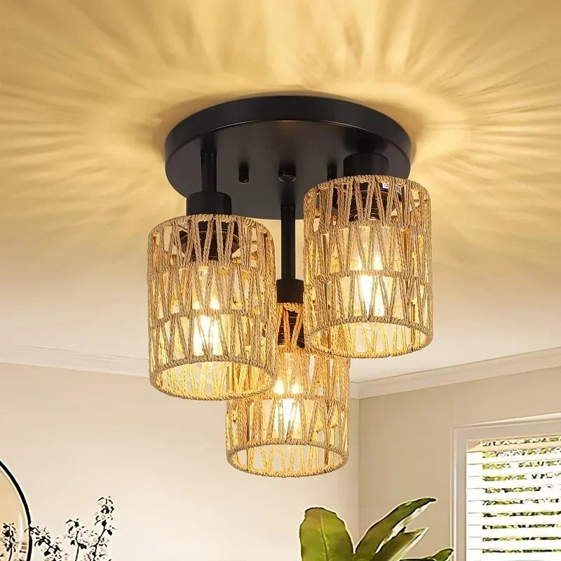 Boho Woven Rattan Ceiling Light – Hemp Shade Rustic Flush Mount Lamp