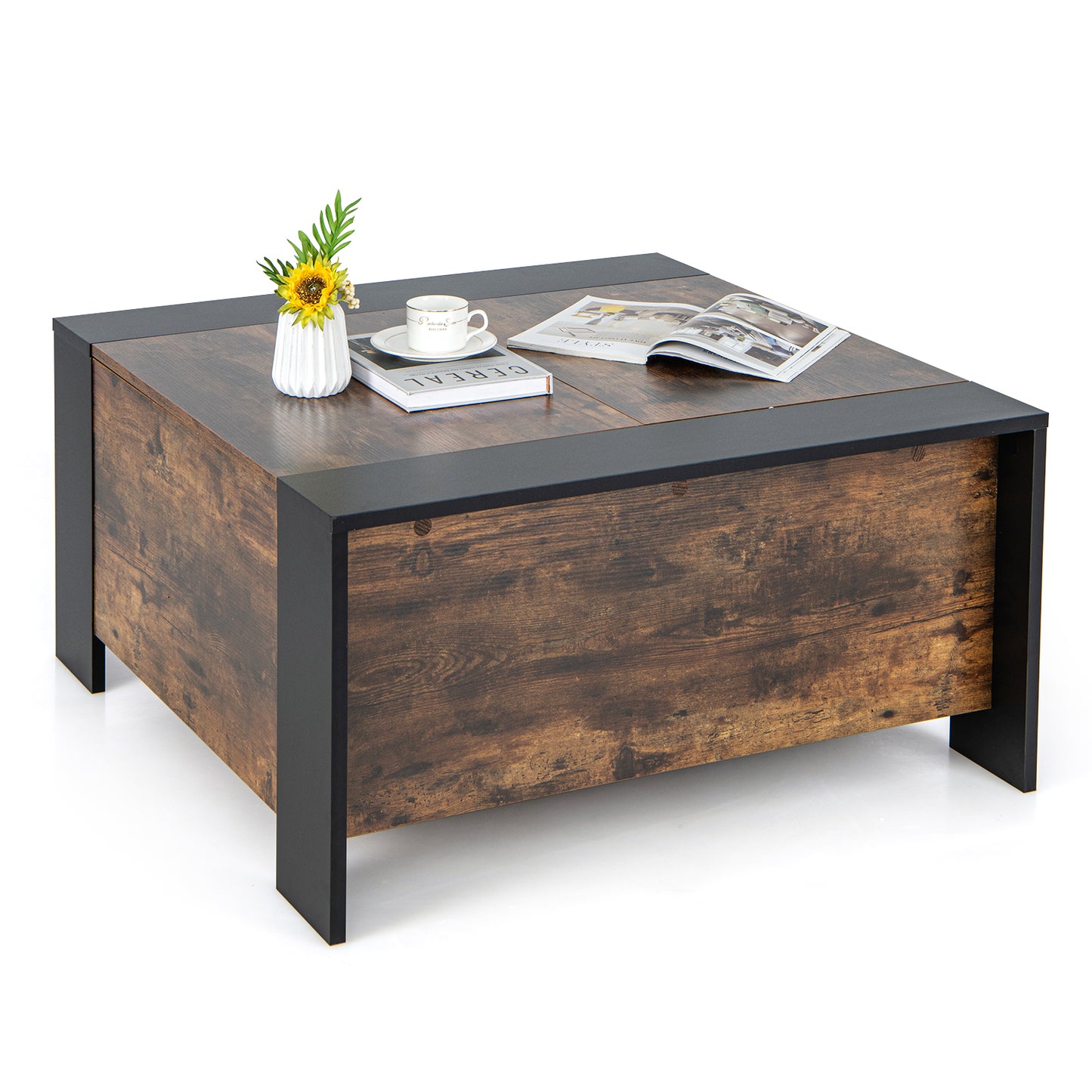 92cm Square Coffee Table with Sliding Top and Hidden Compartment-Grey
