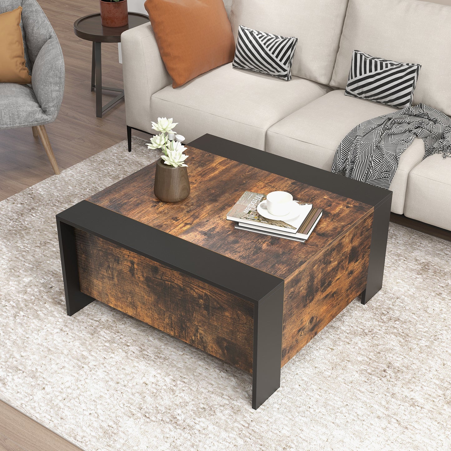 92cm Square Coffee Table with Sliding Top and Hidden Compartment-Grey