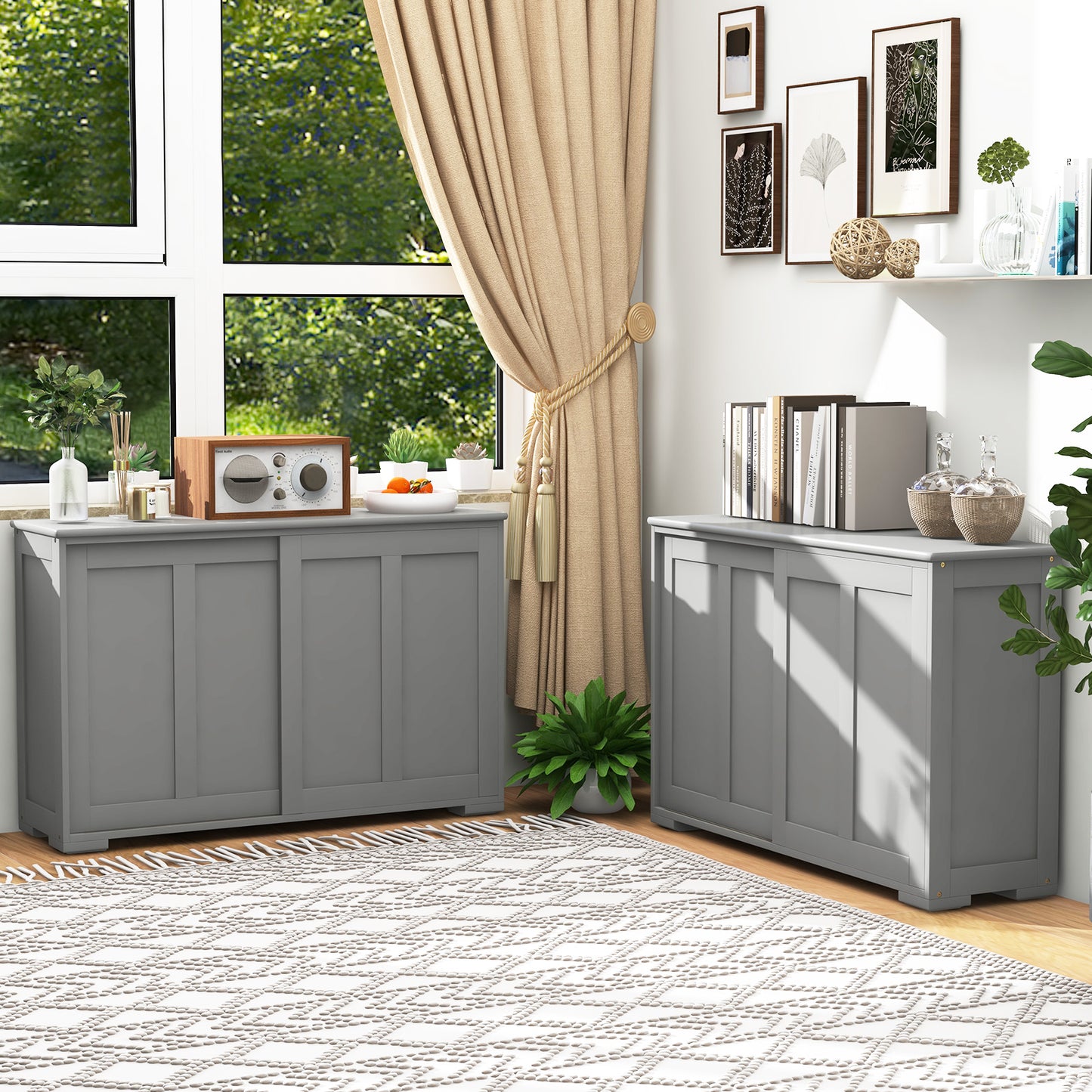 Storage Sideboard with Sliding Door and Double Partition-Black