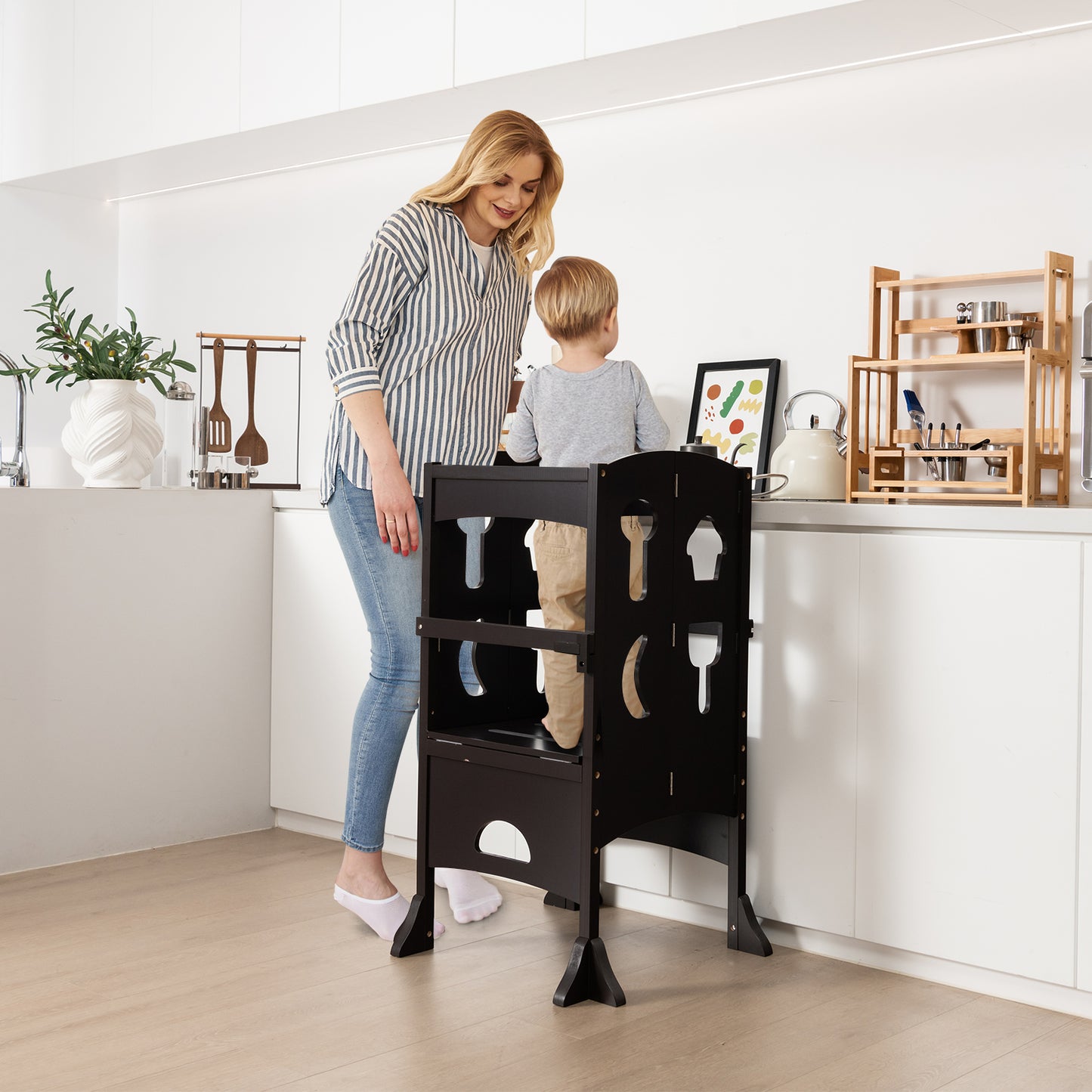 Folding Height Adjustable Kids Step Stool with Safety Latches-Brown