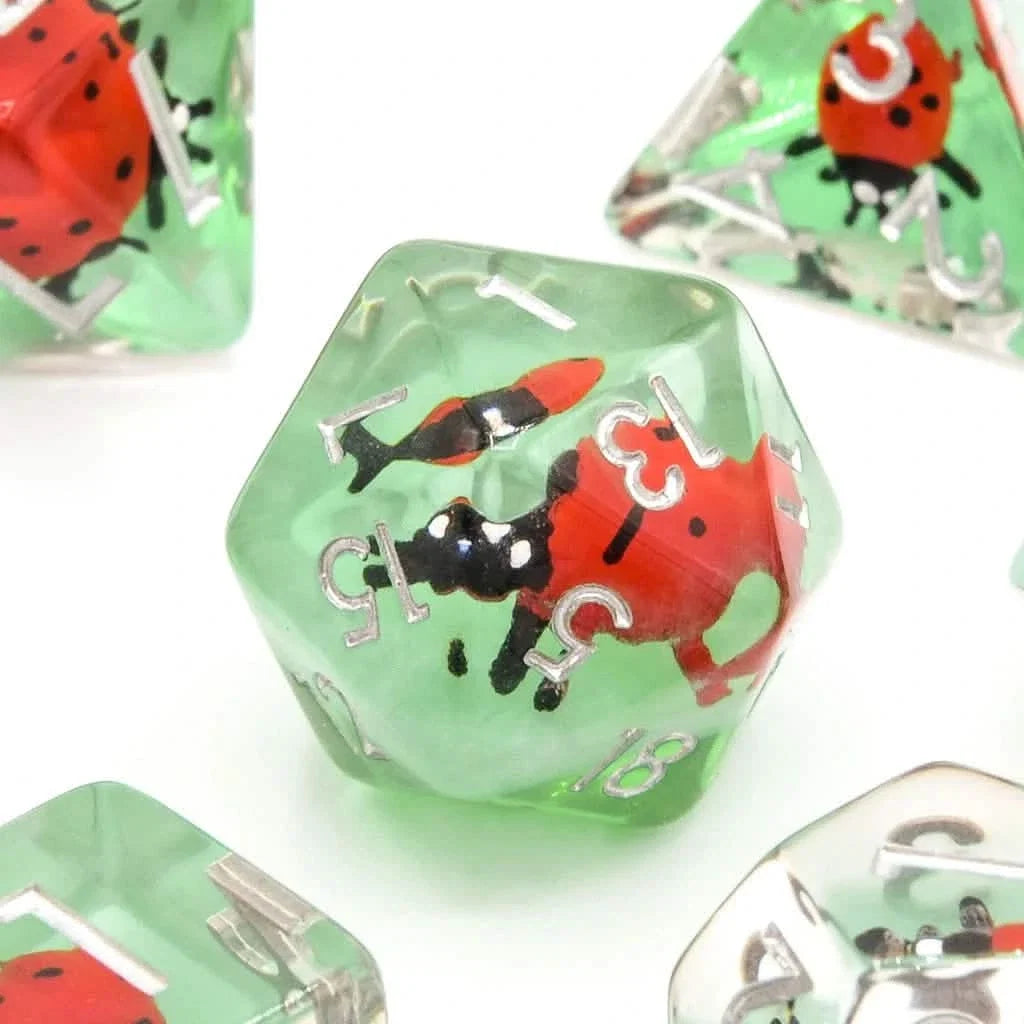 Red Ladybugs | Soft Edge Dice | Resin | 7 Piece Set