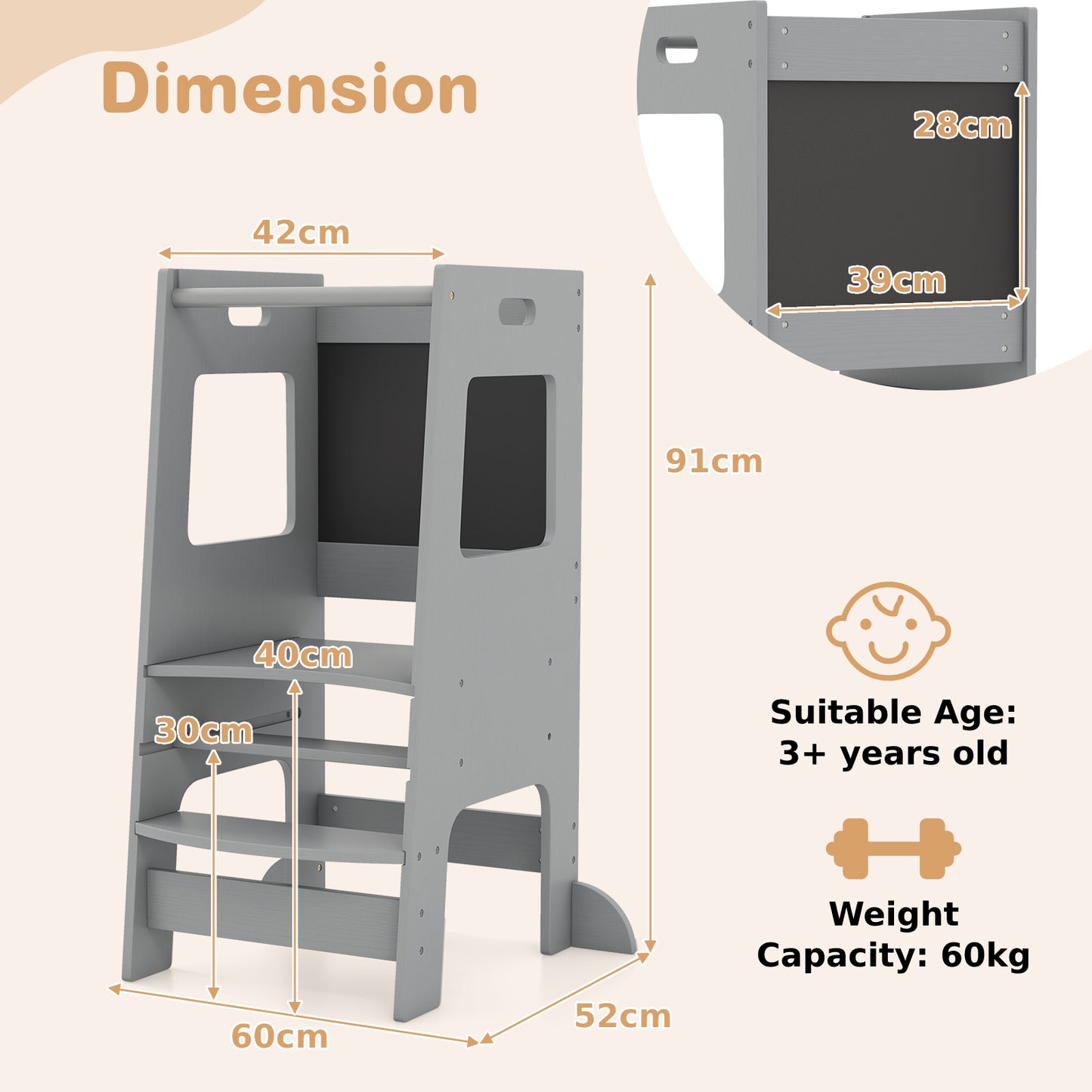 Toddler Kitchen Step Stool with Activity Chalkboard and Adjustable Height-Grey