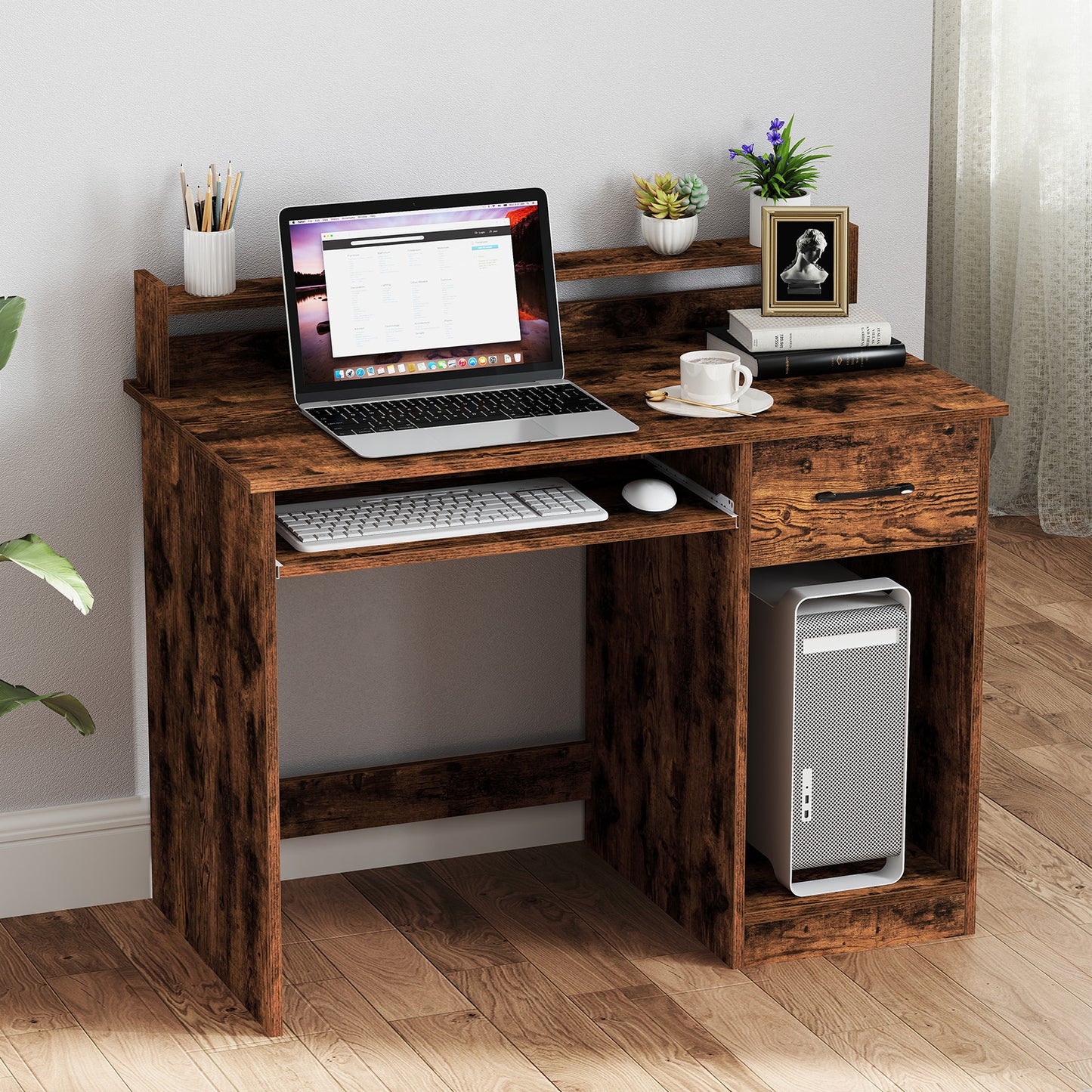 Wooden Computer Desk With Keyboard Tray for Work and Study-Black