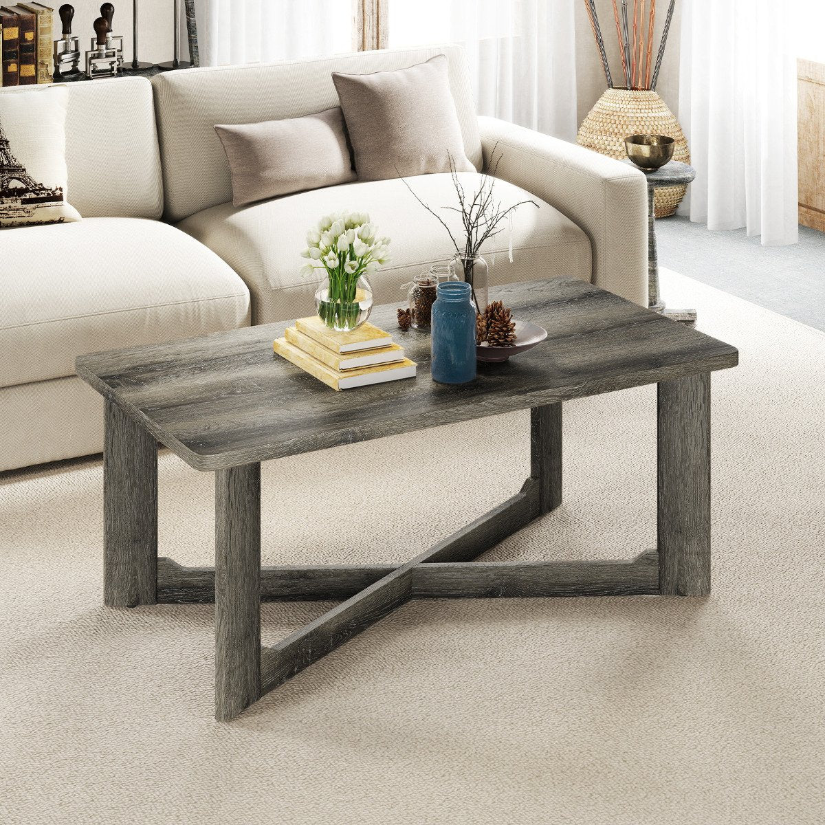 Coffee Table Rectangle Center Table with X-Shaped Base-Grey