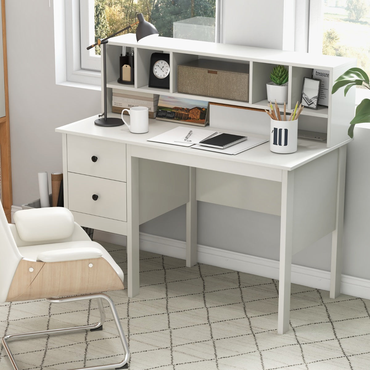 Computer Desk with Power Outlets and  5-Cubby Hutch-White