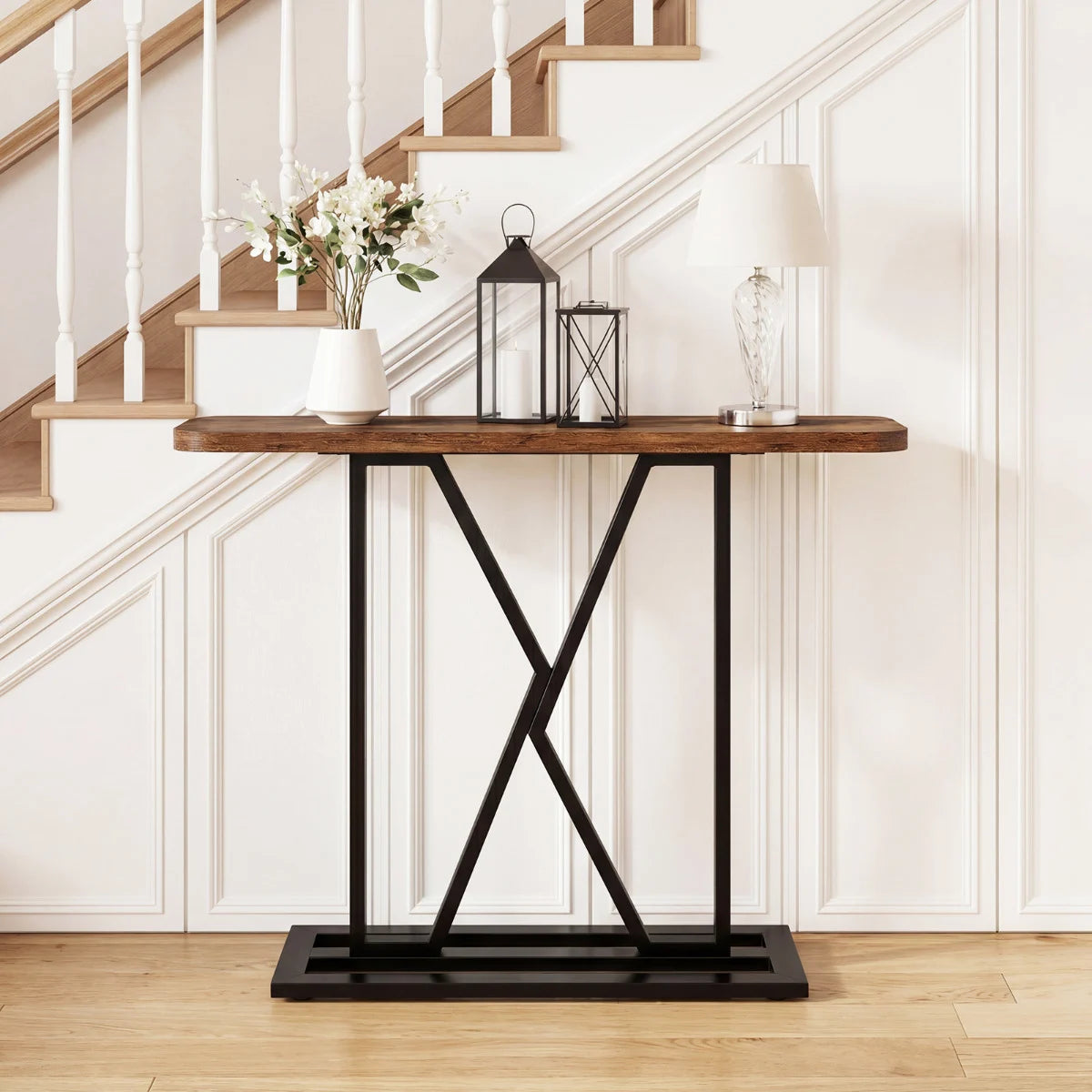 100 cm Rectangular Console Table with Geometric Metal Frame-Rustic Brown