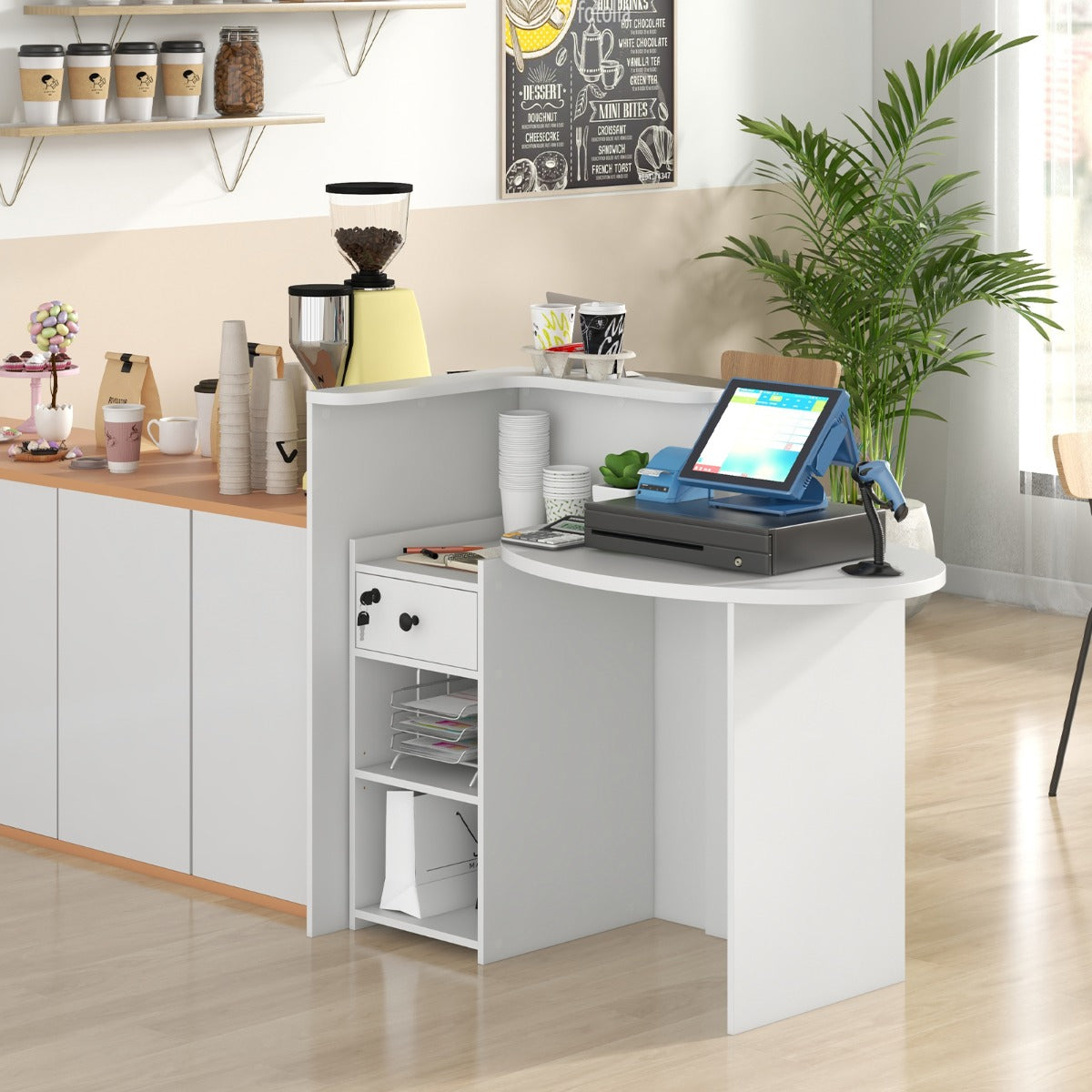Corner Front Reception Counter Desk with Lockable Drawer-Black