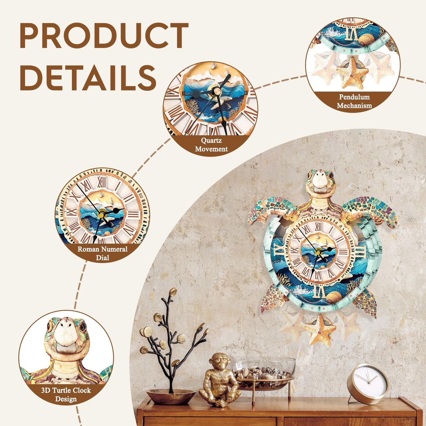 Cutywood 3D Puzzle Clock – Turtle Design DIY Pendulum Clock Kit with Roman Numerals