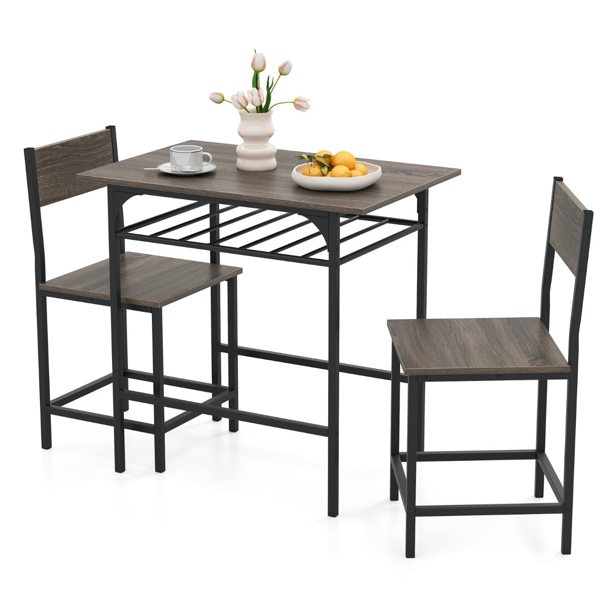 Dining Table Set for 2 with Metal Frame and Storage Rack-Rustic Brown