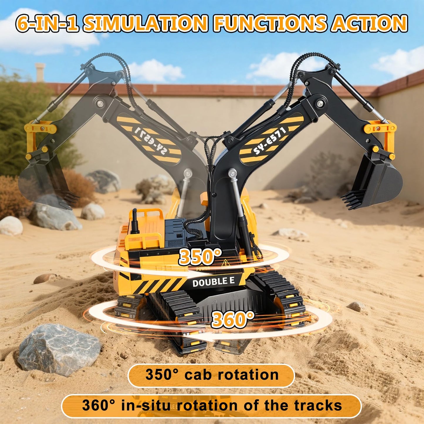 DOUBLE E Remote Control Excavator Toy – 6-Function RC Digger for Indoor & Outdoor Play