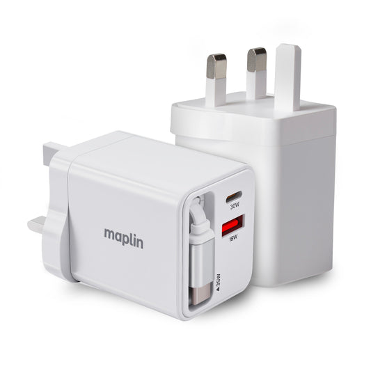 Maplin 35W GaN 2-Port USB Wall Charger with USB-C PD, USB-A QC 3.0 & Retractable USB-C Cable