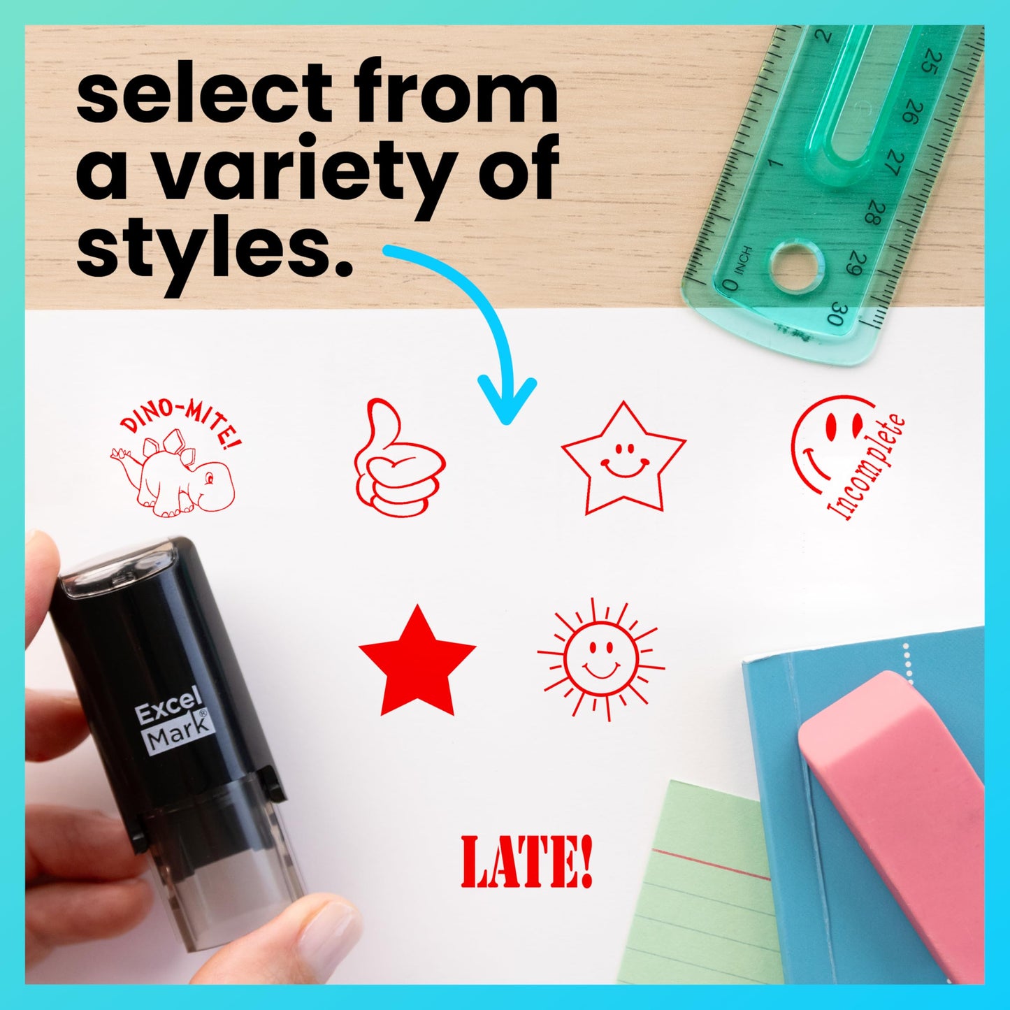 ExcelMark Round Teacher Stamp – Solid Star in Red Ink