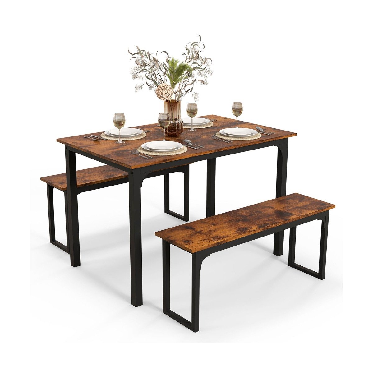 3 Pieces Space-Saving Dining Breakfast Table Set with 2 Benches-Natural