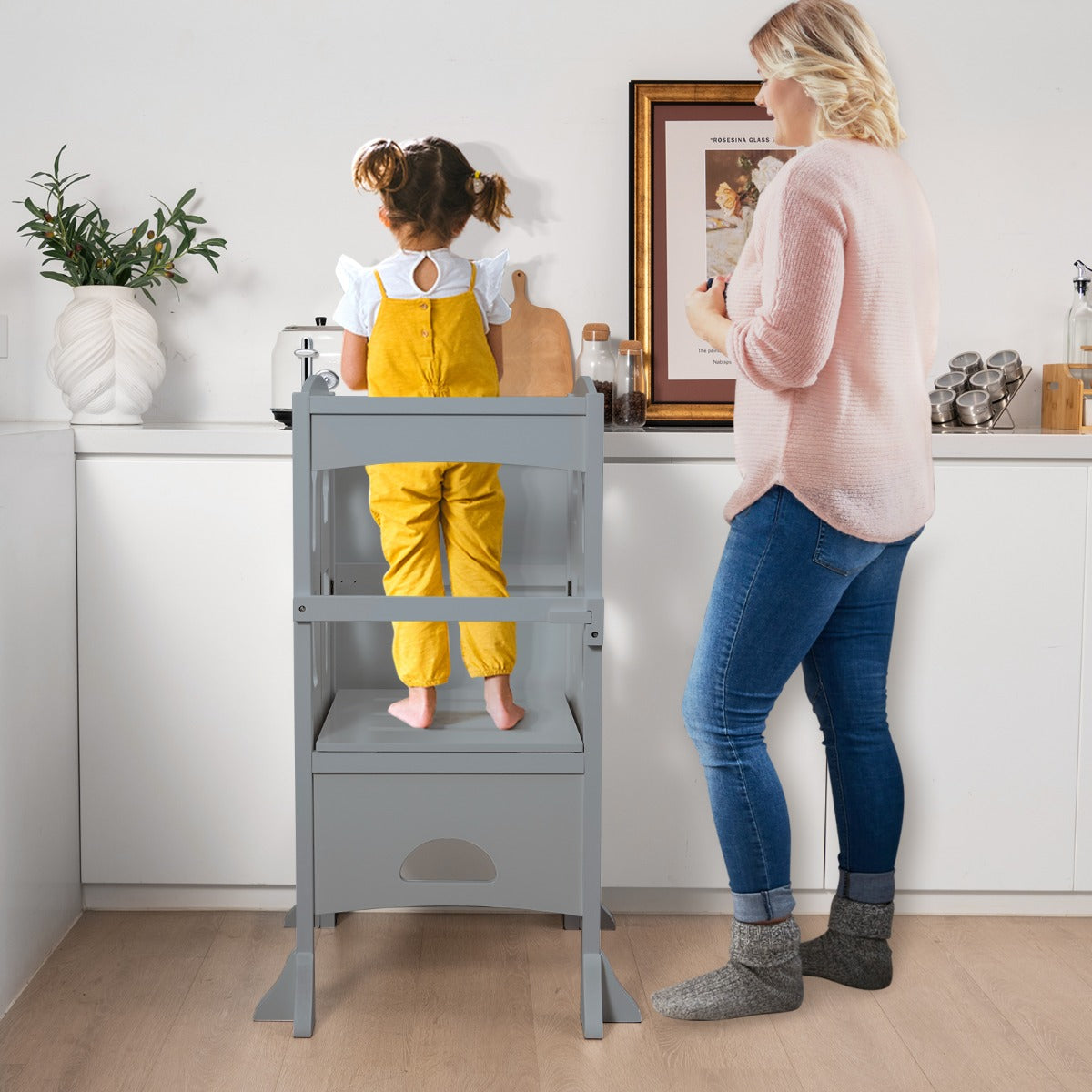 Folding Height Adjustable Kids Step Stool with Safety Latches-Brown