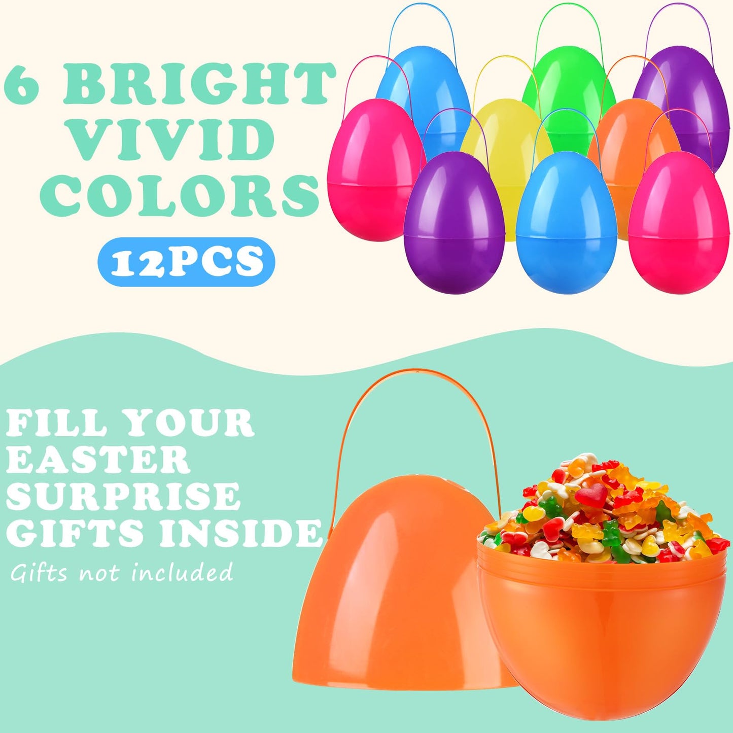 Funtery 6-Piece Jumbo Easter Eggs with Handles — 10 Inch Giant Plastic Eggs