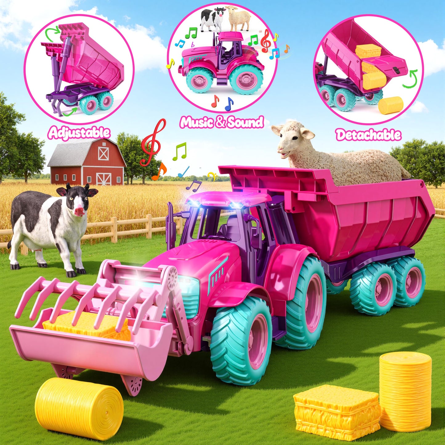 Funwee RC Tractor Toy Set with Lights & Sound – Rose Red