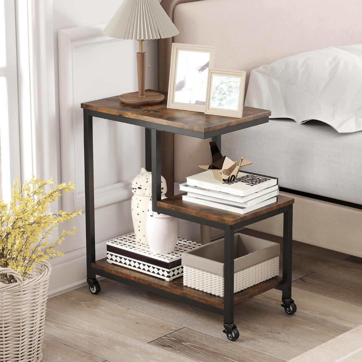 3-Tier Small Sofa Couch Side Table with Lockable Casters for Living Room-White