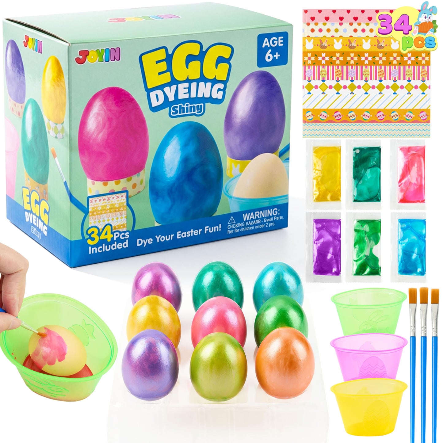 JOYIN 34 PCS Easter Egg Dye Kit – Multicolor Liquid Dyes, Brushes & Egg Stands