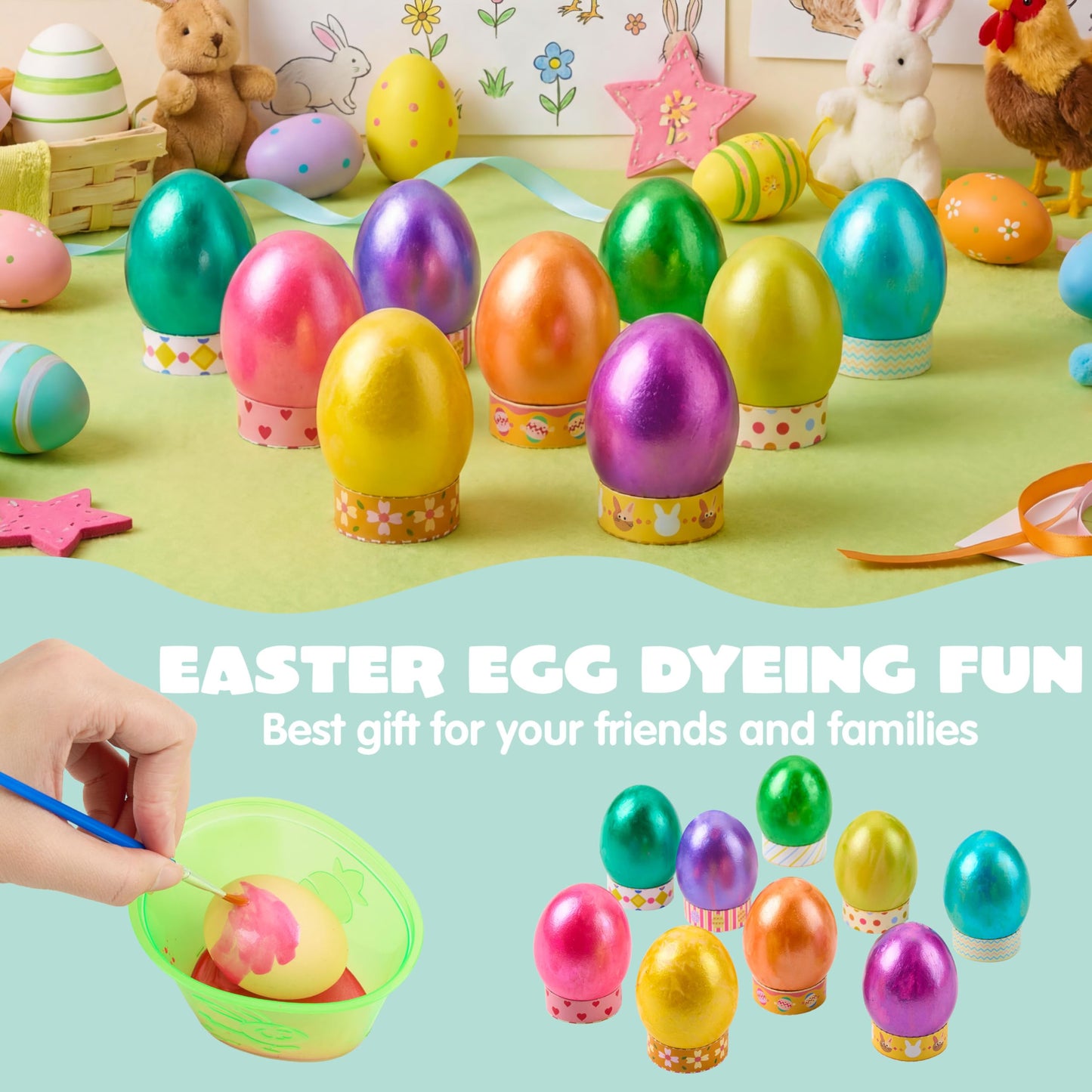 JOYIN 34 PCS Easter Egg Dye Kit – Multicolor Liquid Dyes, Brushes & Egg Stands