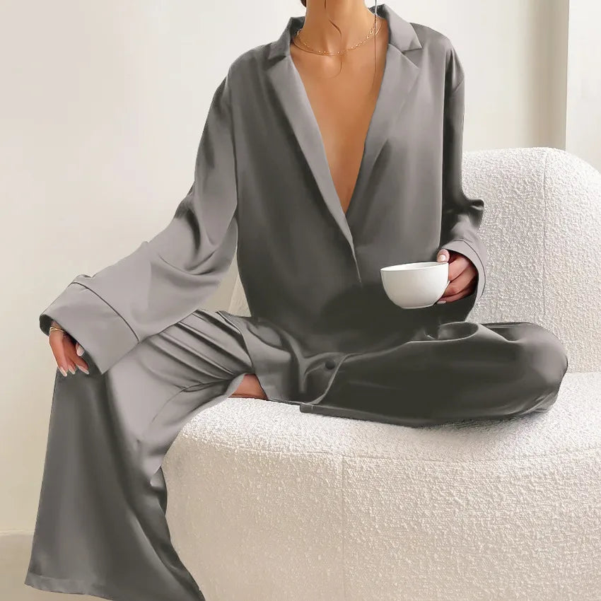 women's fashion solid color imitated silk polyester pants sets