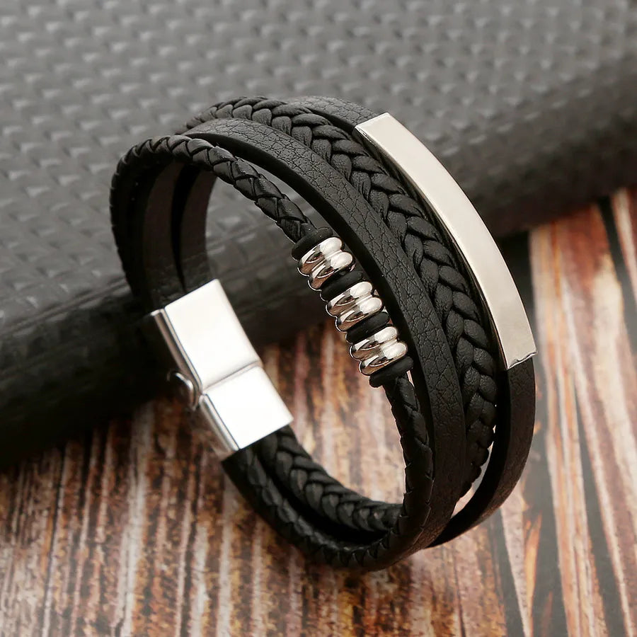 elegant glam classical solid color pu leather alloy handmade men's bangle