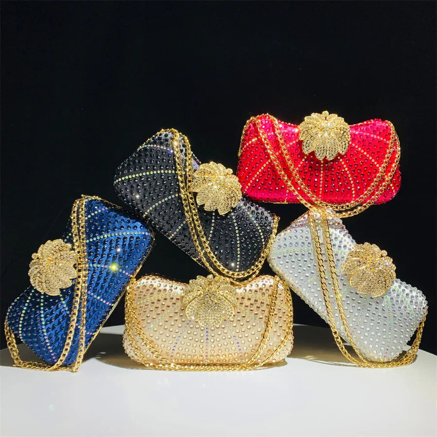 Gold Silver Black Polyester Flower Shell Evening Bags