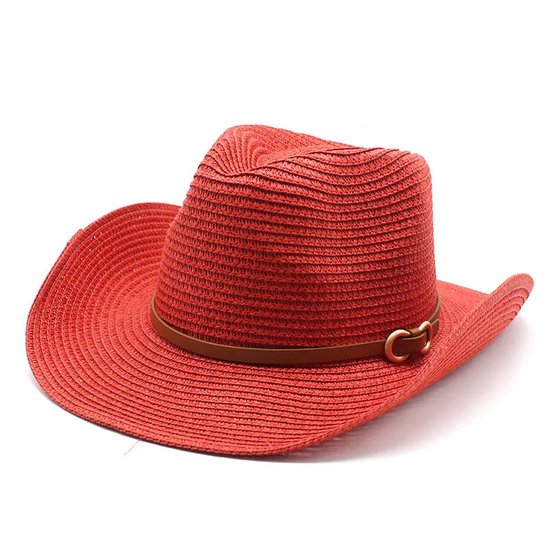 women's cowboy style solid color flat eaves straw hat