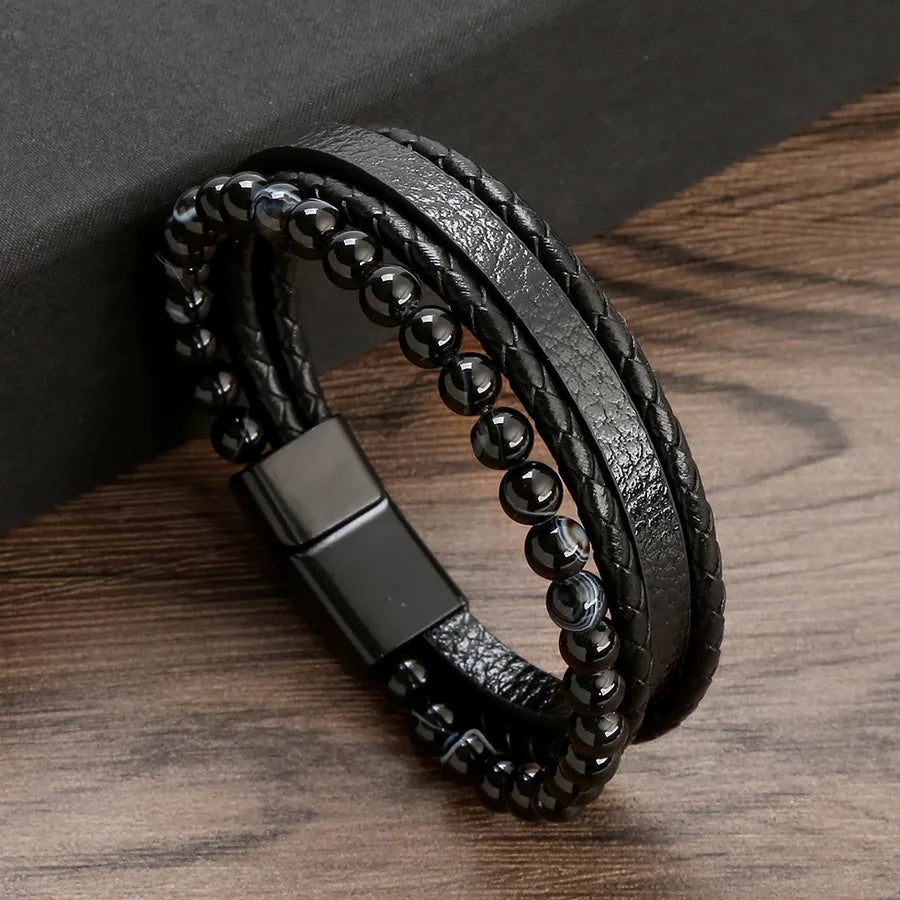 classical simple style solid color solid color pu leather alloy agate beaded men's bangle