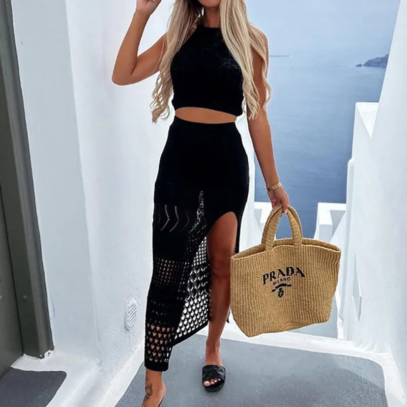 women's vacation simple style solid color slit cover ups