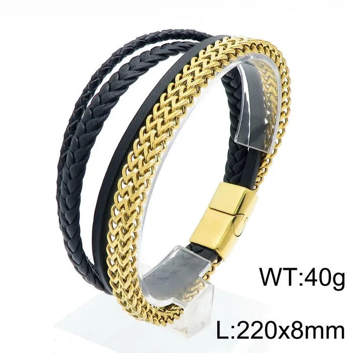 hip-hop geometric stainless steel leather braid bangle