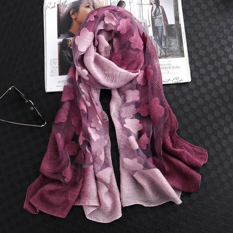 Women's Elegant Flower Polyester Silk Scarf