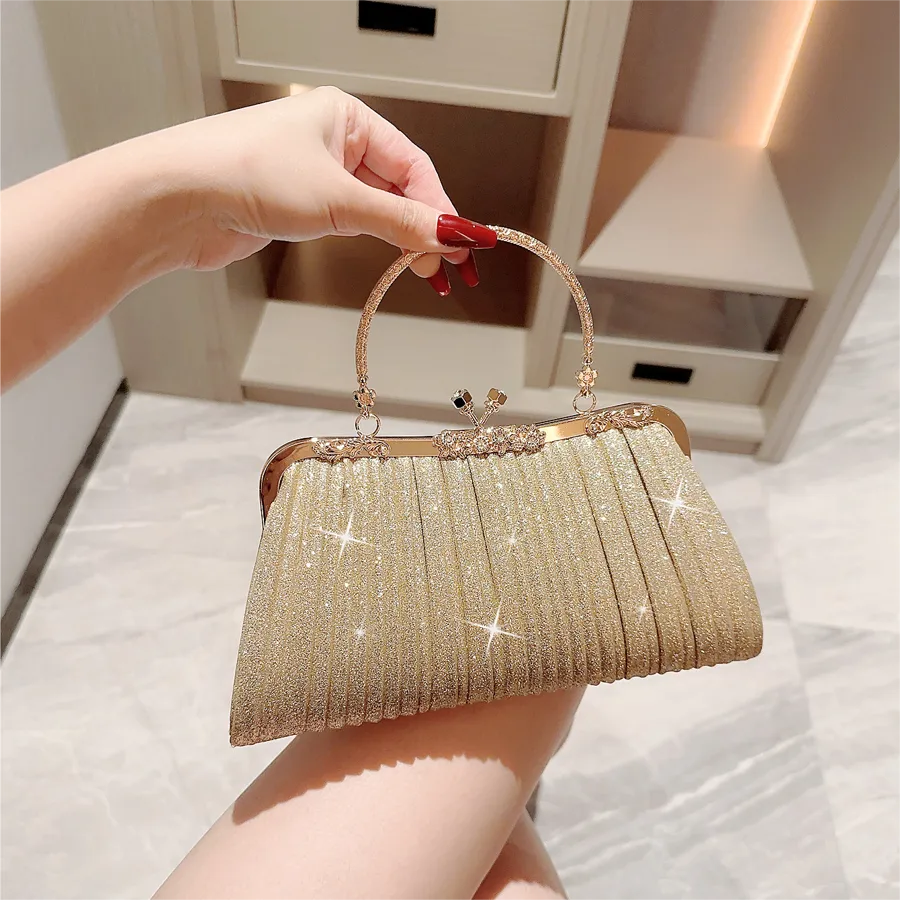 Gold Glitter Solid Color Rhinestone Evening Bags