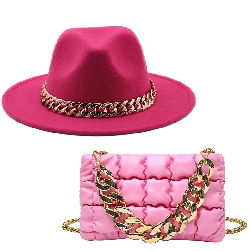 women's british style solid color chain flat eaves fedora hat