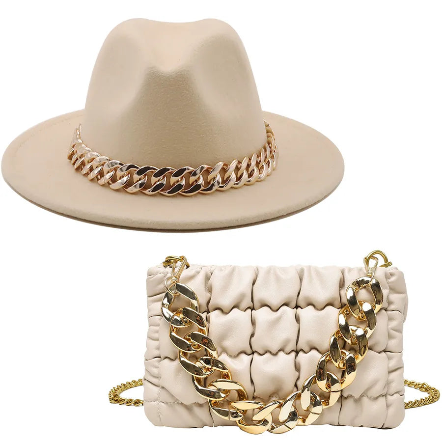 women's british style solid color chain flat eaves fedora hat