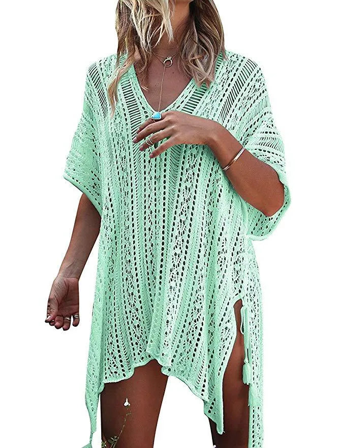 women's vacation solid color hollow out cover ups