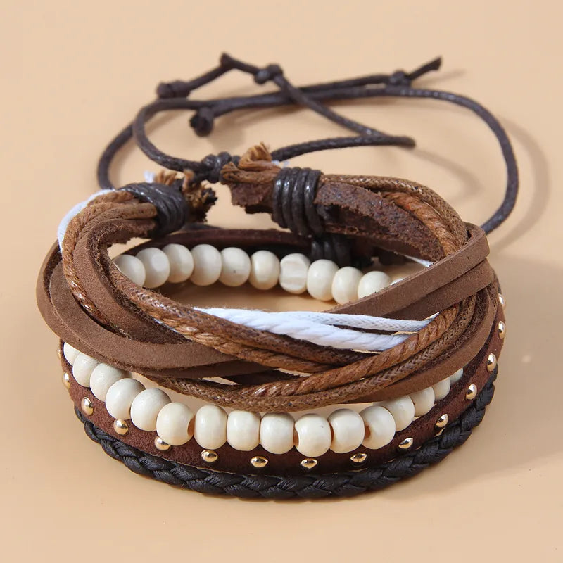 Ethnic Style Solid Color Pu rope Wood Men's Bracelets