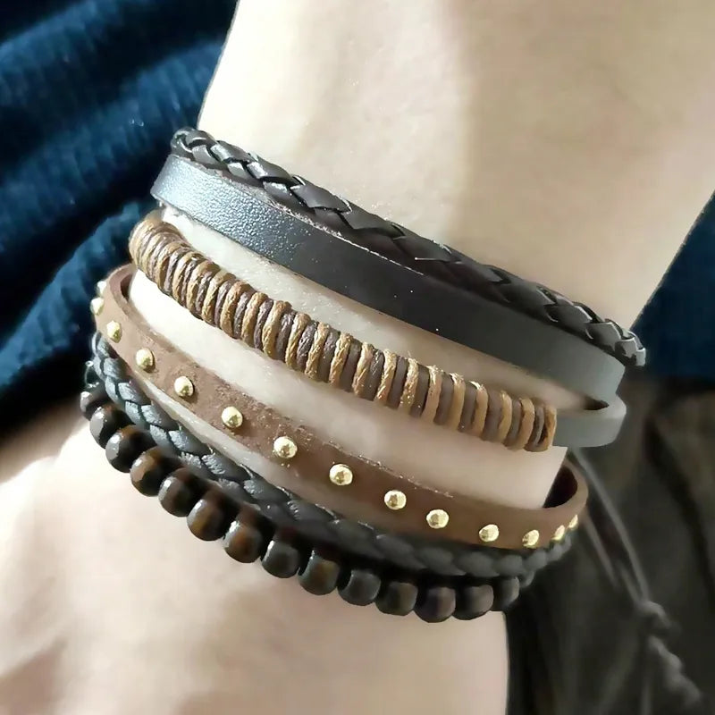 Ethnic Style Solid Color Pu rope Wood Men's Bracelets
